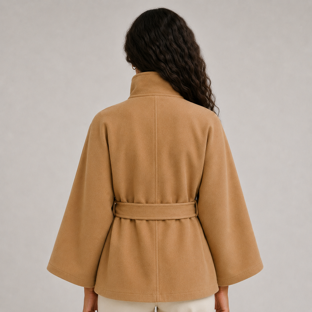 Women's Winter Cape Jacket with High Collar and Waist Belt