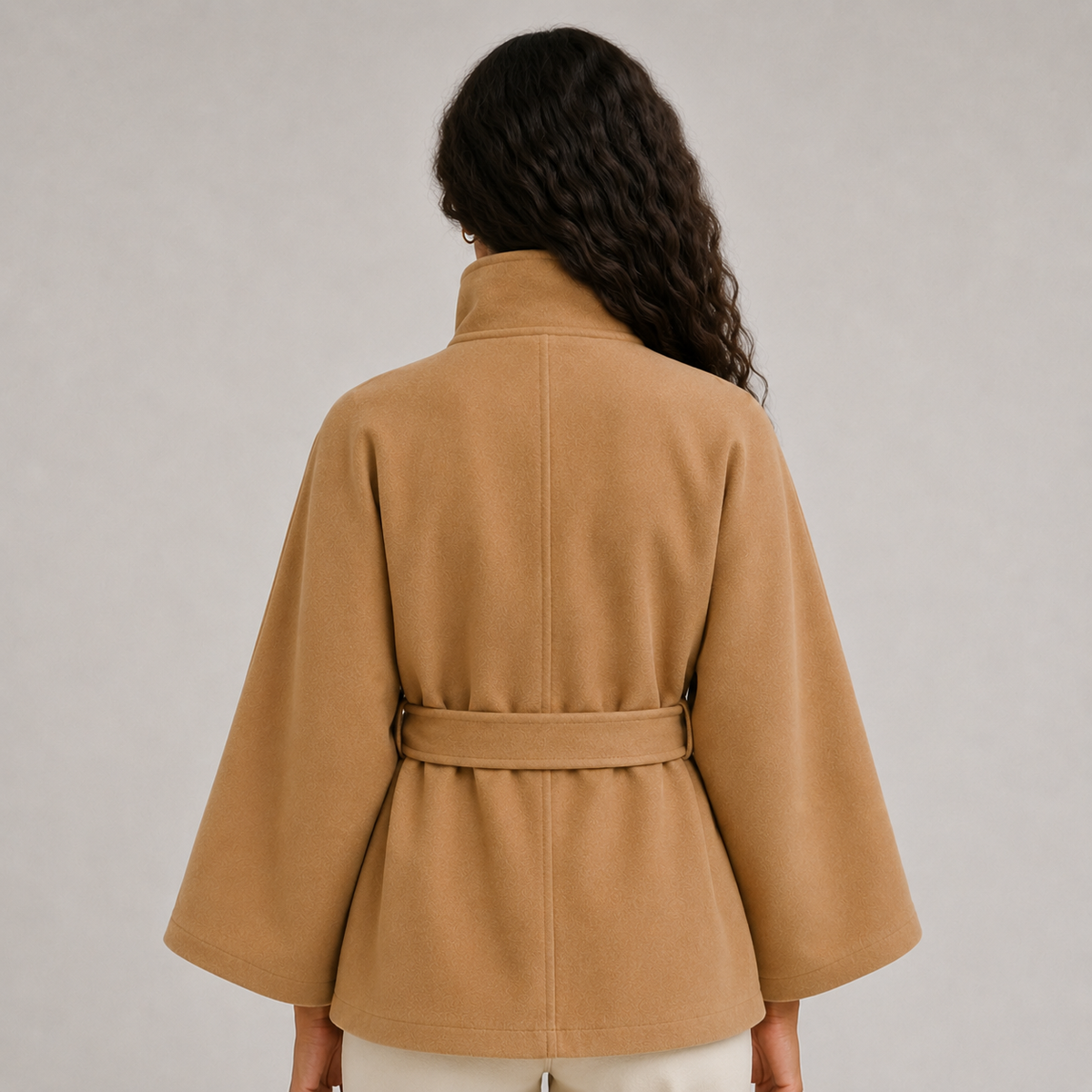 Women's Winter Cape Jacket with High Collar and Waist Belt