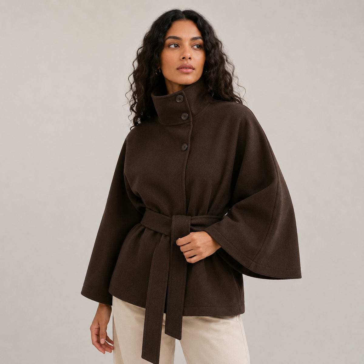 Women's Winter Cape Jacket with High Collar and Waist Belt