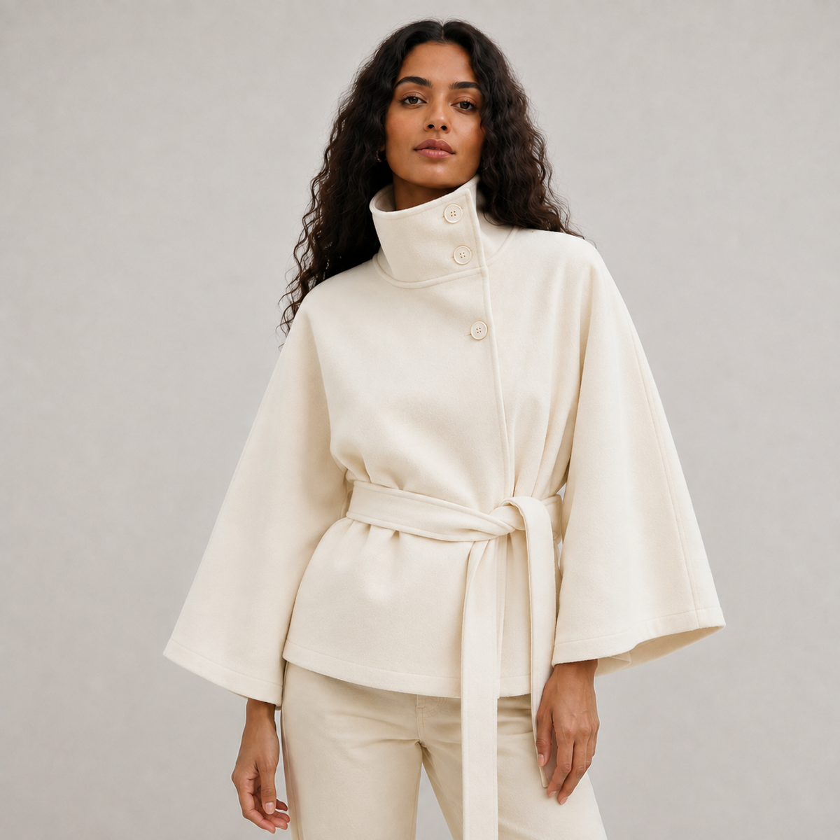 Women's Winter Cape Jacket with High Collar and Waist Belt