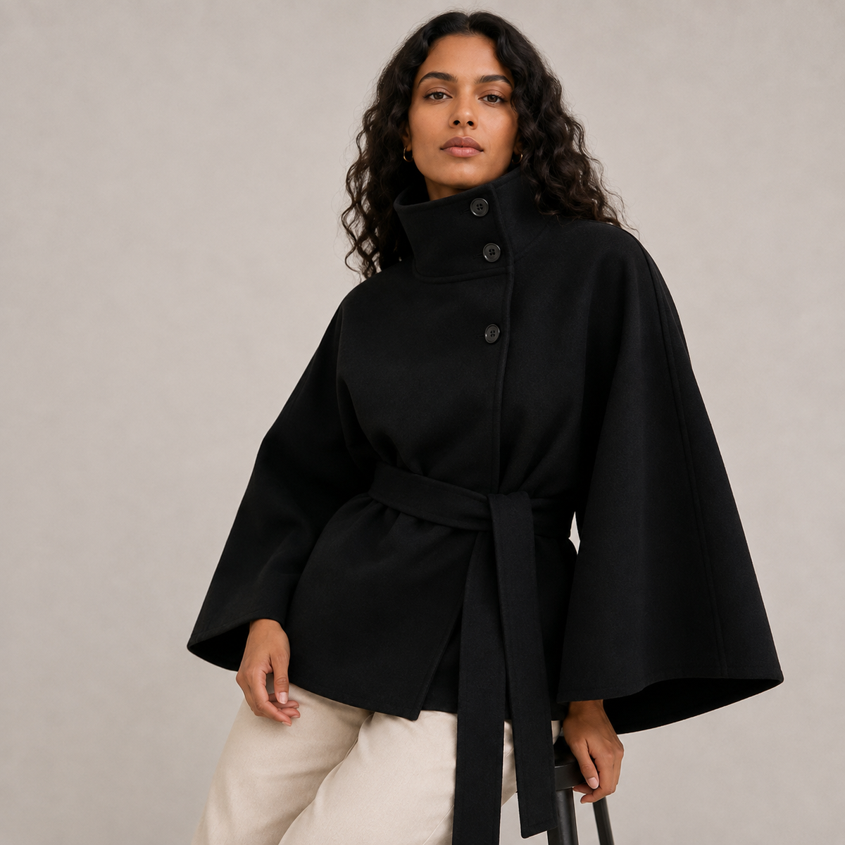 Women's Winter Cape Jacket with High Collar and Waist Belt