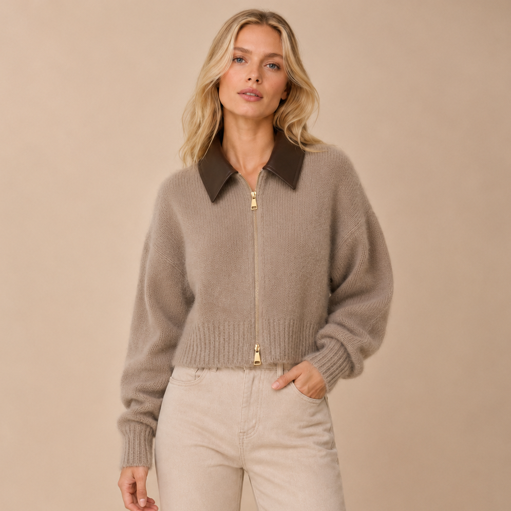 Women's Contrast Collar Knitted Cropped Zip Jacket – Full-Zip Ribbed Short Cardigan Outerwear