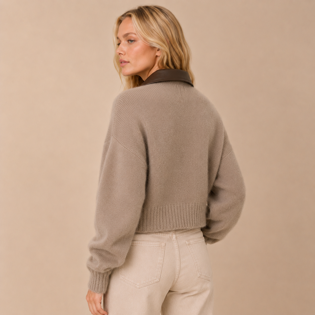Women's Contrast Collar Knitted Cropped Zip Jacket – Full-Zip Ribbed Short Cardigan Outerwear