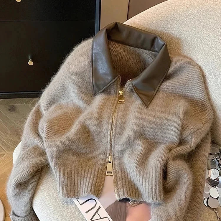 Women's Contrast Collar Knitted Cropped Zip Jacket – Full-Zip Ribbed Short Cardigan Outerwear