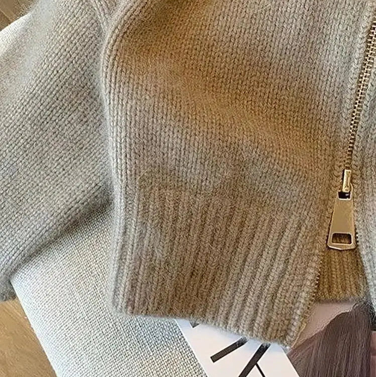 Women's Contrast Collar Knitted Cropped Zip Jacket – Full-Zip Ribbed Short Cardigan Outerwear