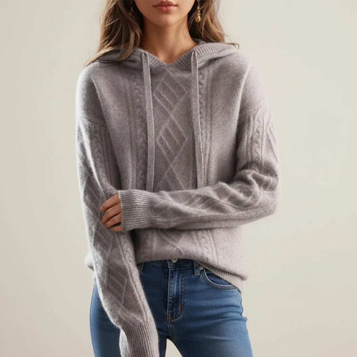Women's Cable Knit Hooded Sweater Relaxed Drawstring Winter Pullover