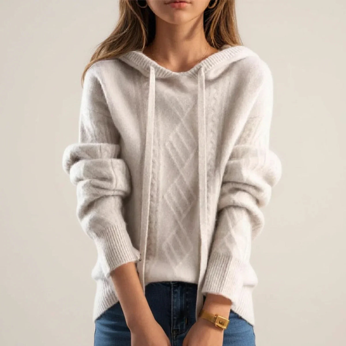 Women's Cable Knit Hooded Sweater Relaxed Drawstring Winter Pullover