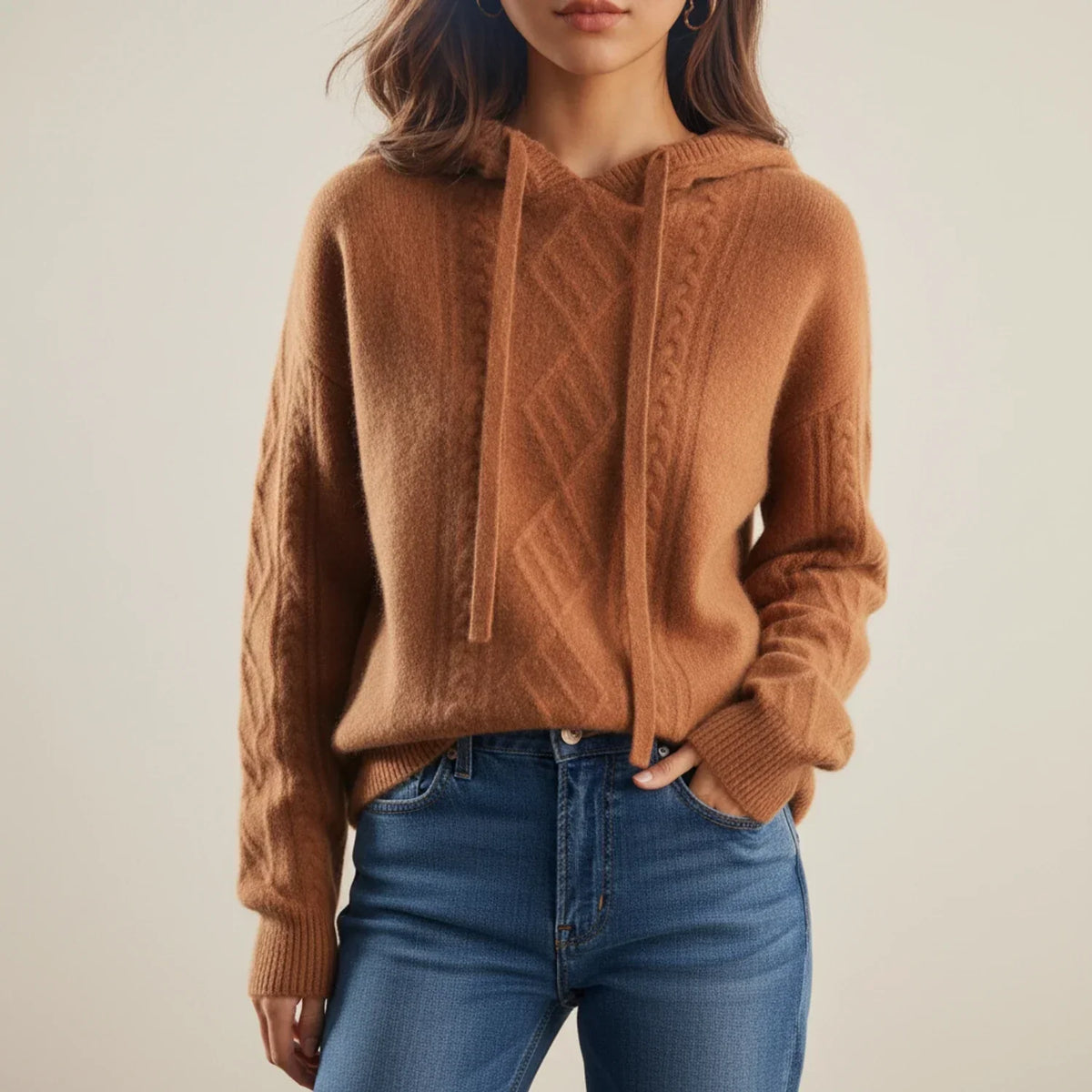 Women's Cable Knit Hooded Sweater Relaxed Drawstring Winter Pullover