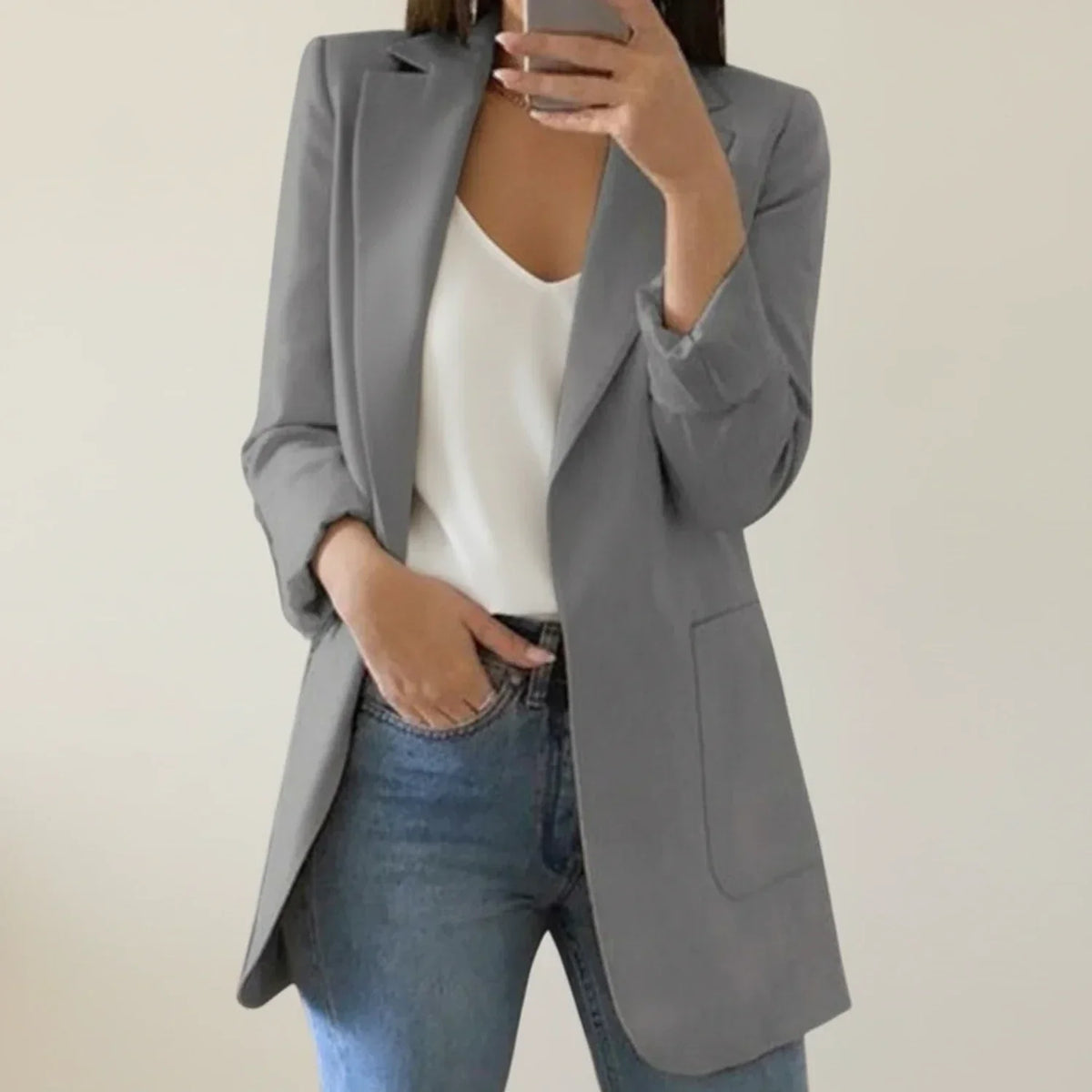 Women's Longline Blazer Open Front Notch Lapel Office Jacket