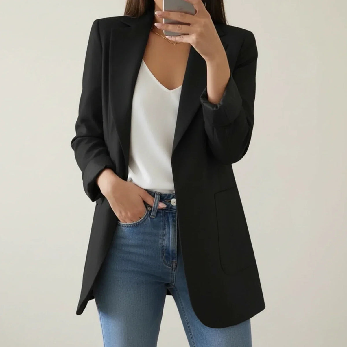 Women's Longline Blazer Open Front Notch Lapel Office Jacket