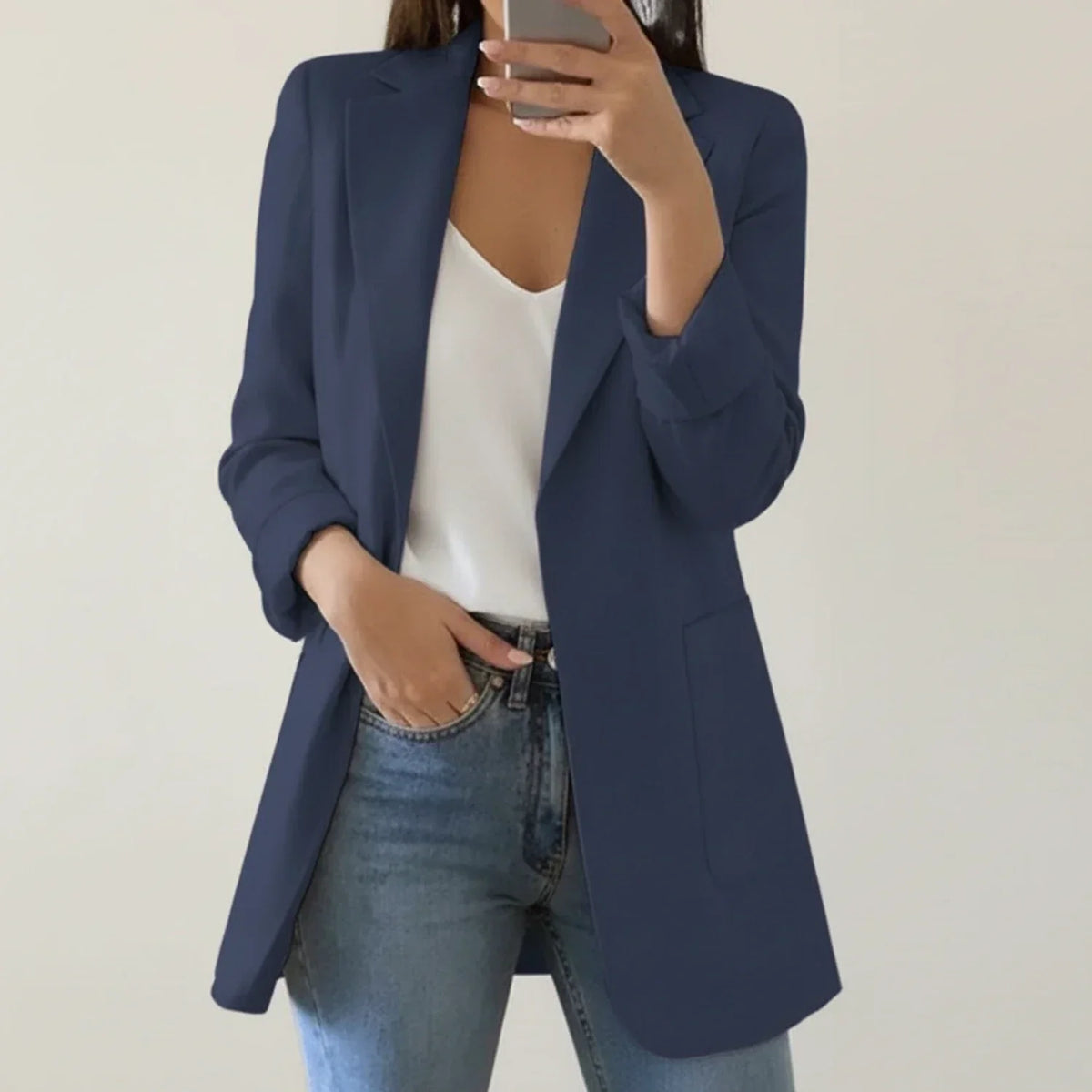 Women's Longline Blazer Open Front Notch Lapel Office Jacket