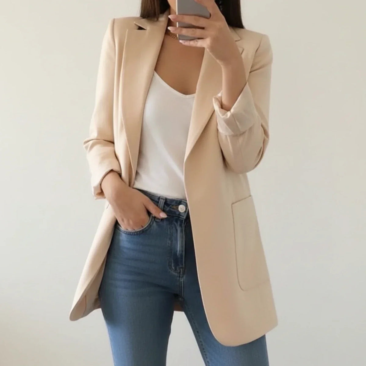 Women's Longline Blazer Open Front Notch Lapel Office Jacket