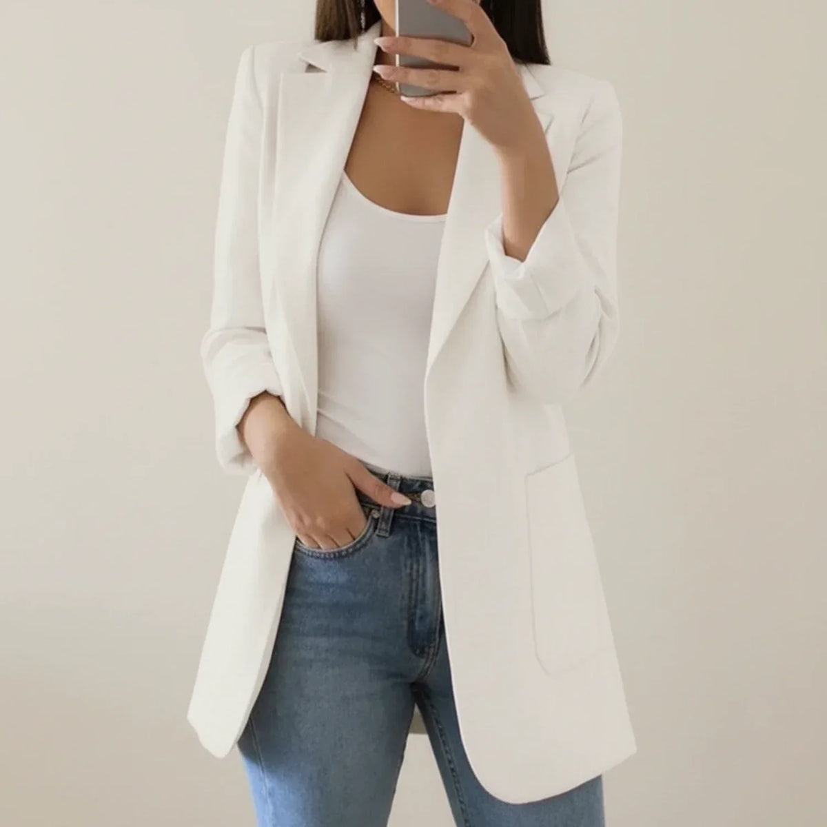 Women's Longline Blazer Open Front Notch Lapel Office Jacket