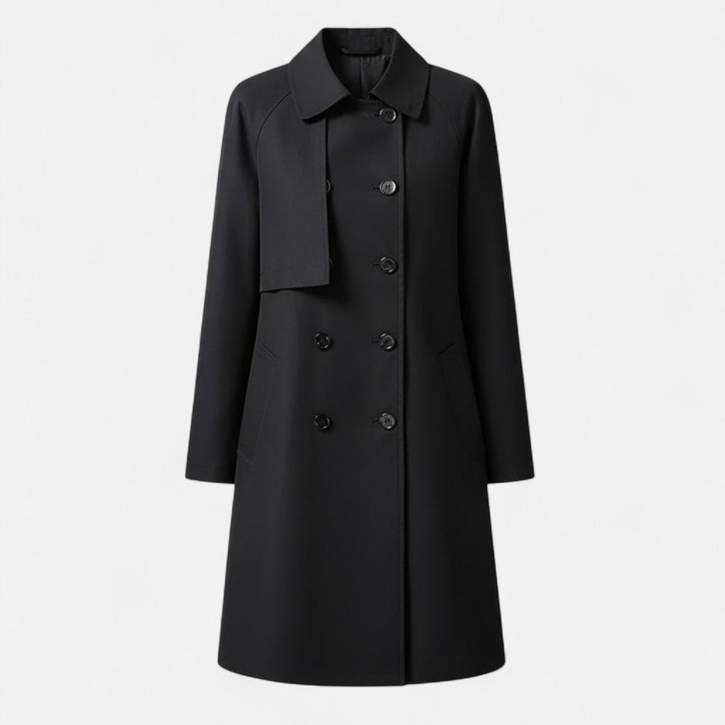 Lily | Women's Black Trench Coat - Mid-Length Wool-Blend Double-Breasted - Buttoned To The Top