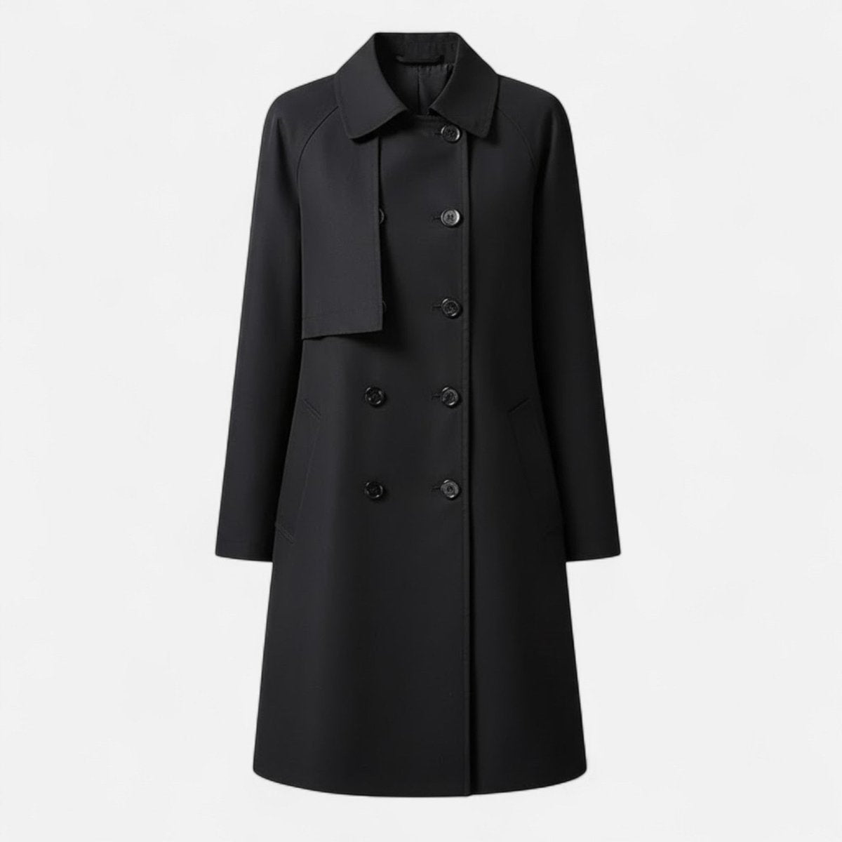 Lily | Women's Black Trench Coat - Mid-Length Wool-Blend Double-Breasted - Buttoned To The Top
