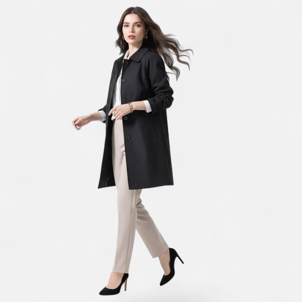 Lily | Women's Black Trench Coat - Mid-Length Wool-Blend Double-Breasted - Buttoned To The Top