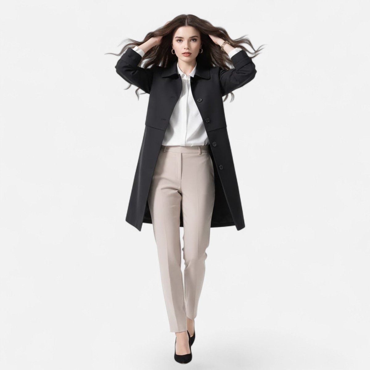 Lily | Women's Black Trench Coat - Mid-Length Wool-Blend Double-Breasted - Buttoned To The Top