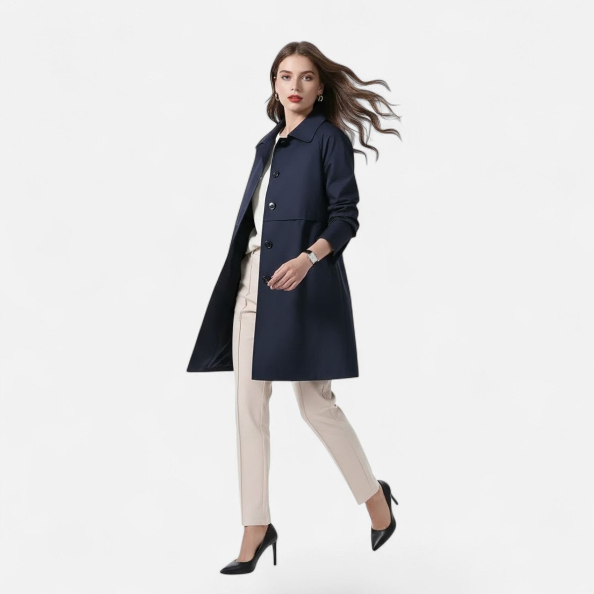 Lily | Women's Black Trench Coat - Mid-Length Wool-Blend Double-Breasted - Buttoned To The Top