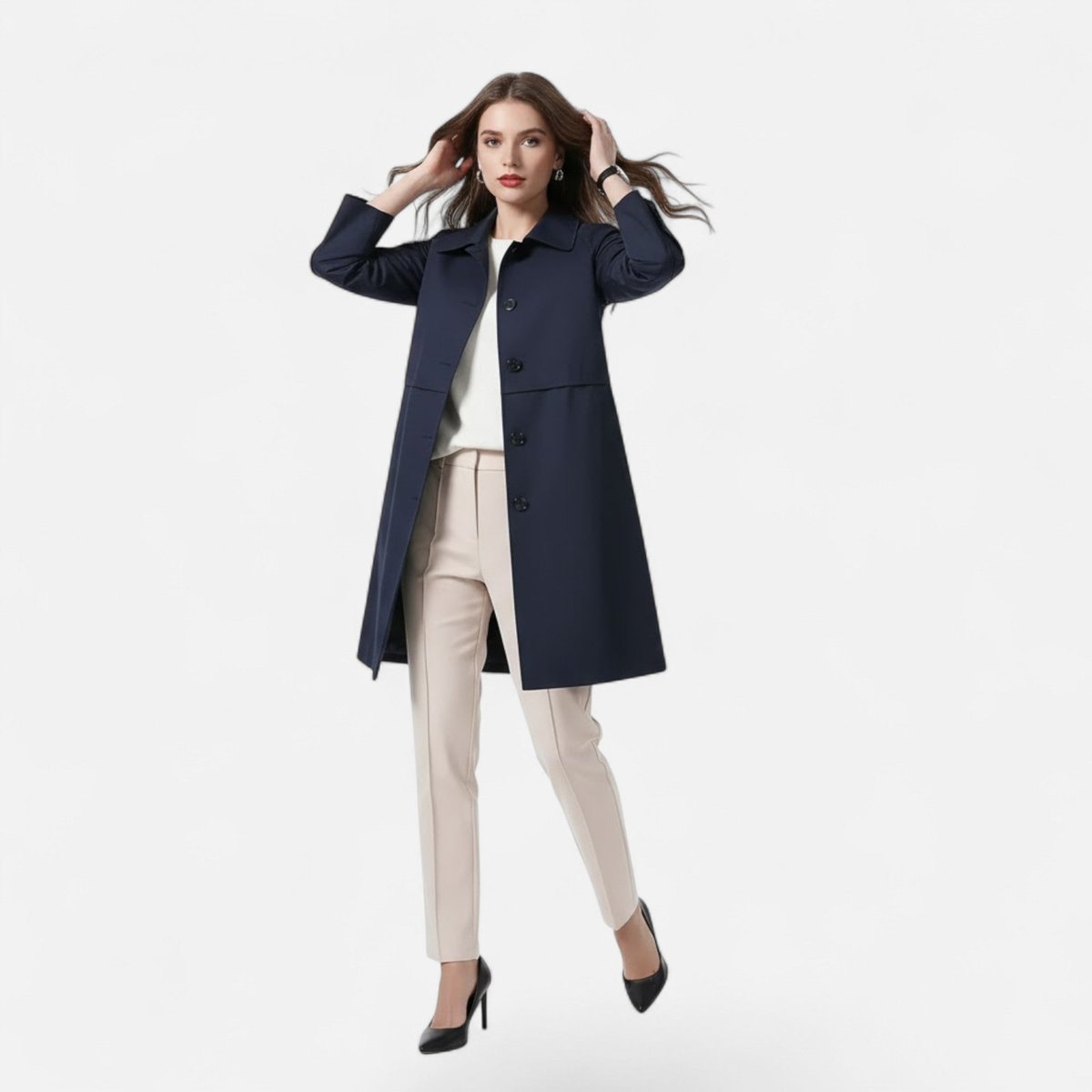 Lily | Women's Black Trench Coat - Mid-Length Wool-Blend Double-Breasted - Buttoned To The Top