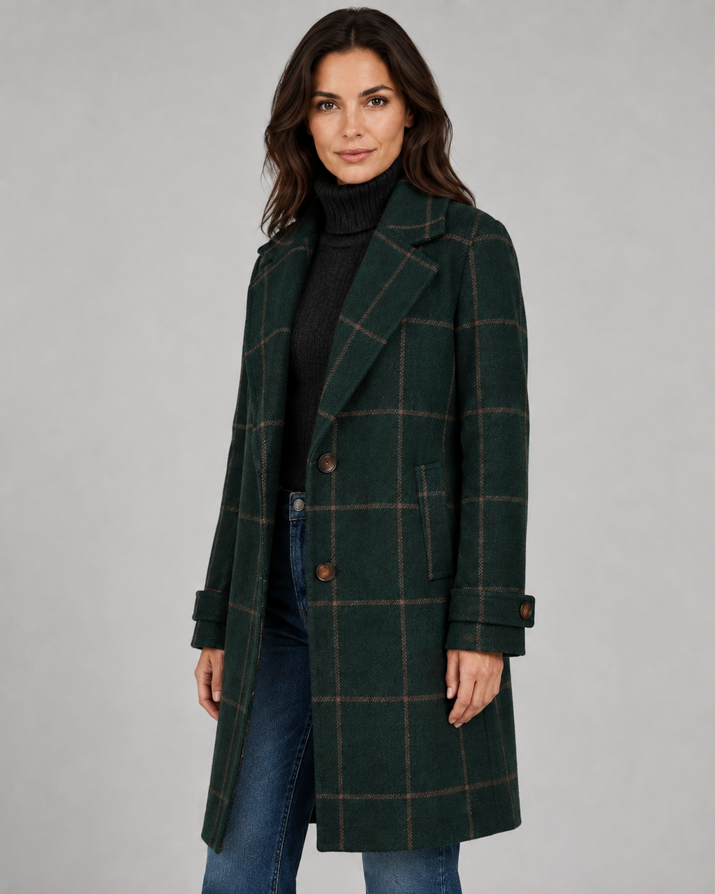 Women's Windowpane Check Long Winter Coat – Tailored Outerwear
