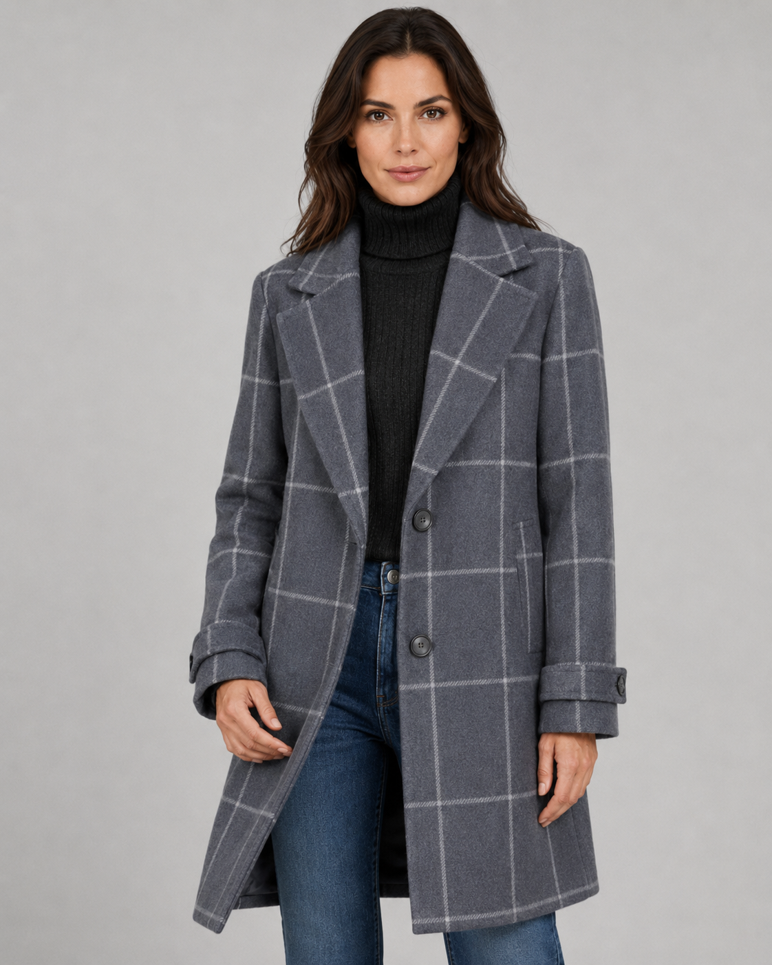 Women's Windowpane Check Long Winter Coat – Tailored Outerwear