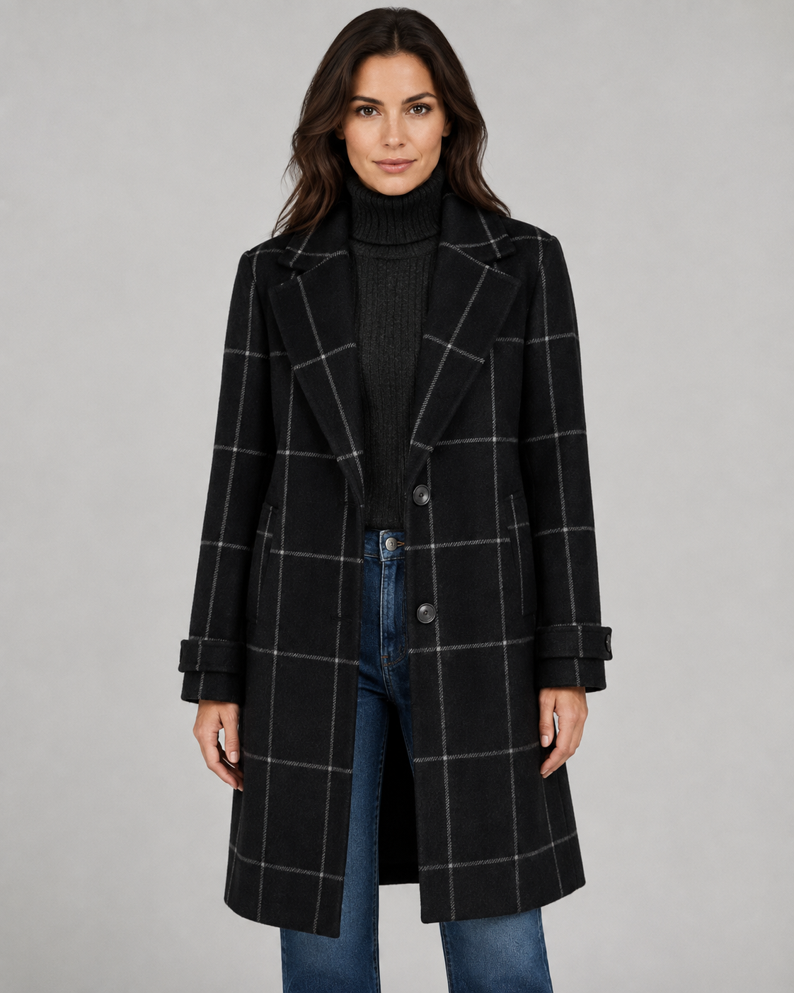 Women's Windowpane Check Long Winter Coat – Tailored Outerwear
