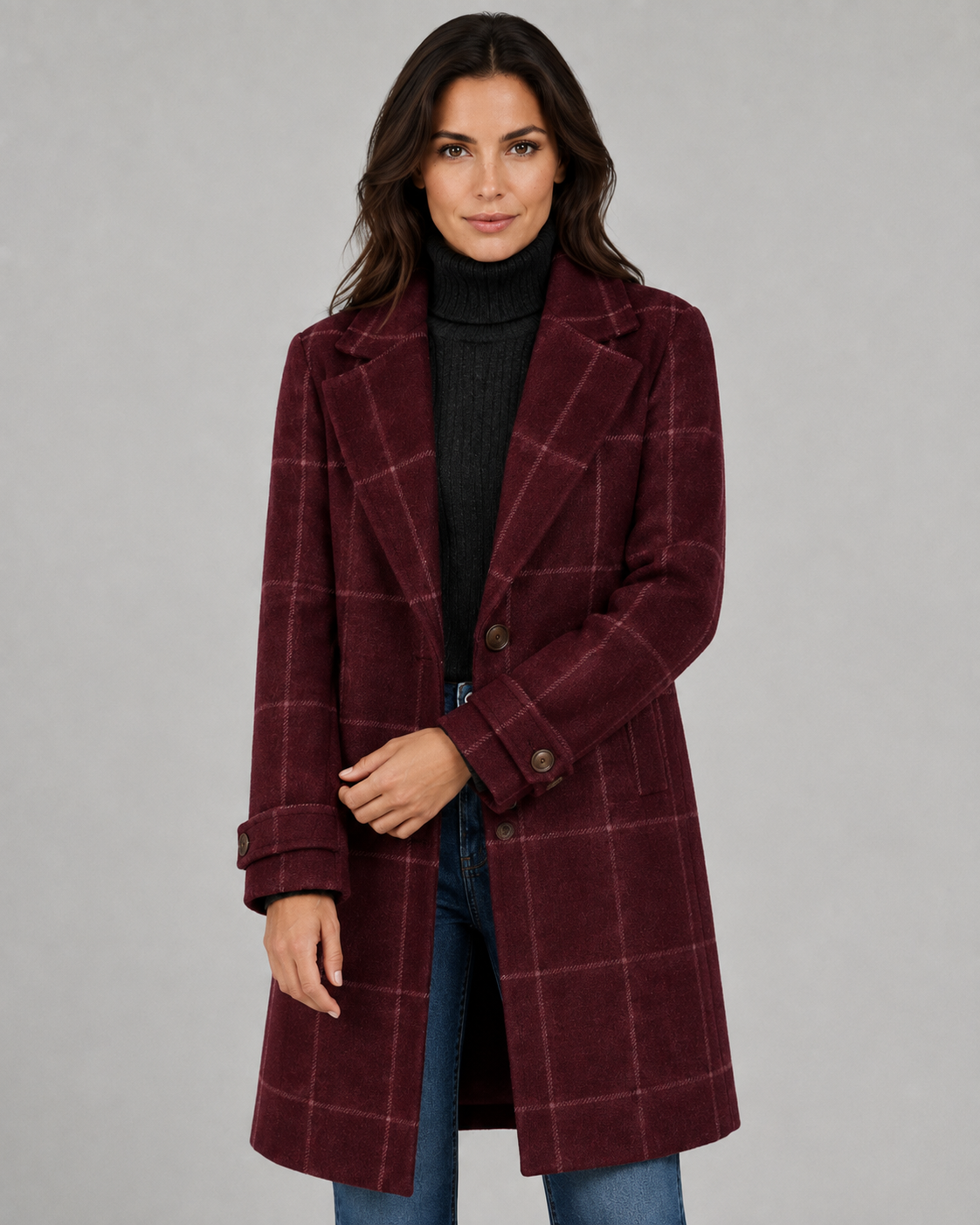 Women's Windowpane Check Long Winter Coat – Tailored Outerwear