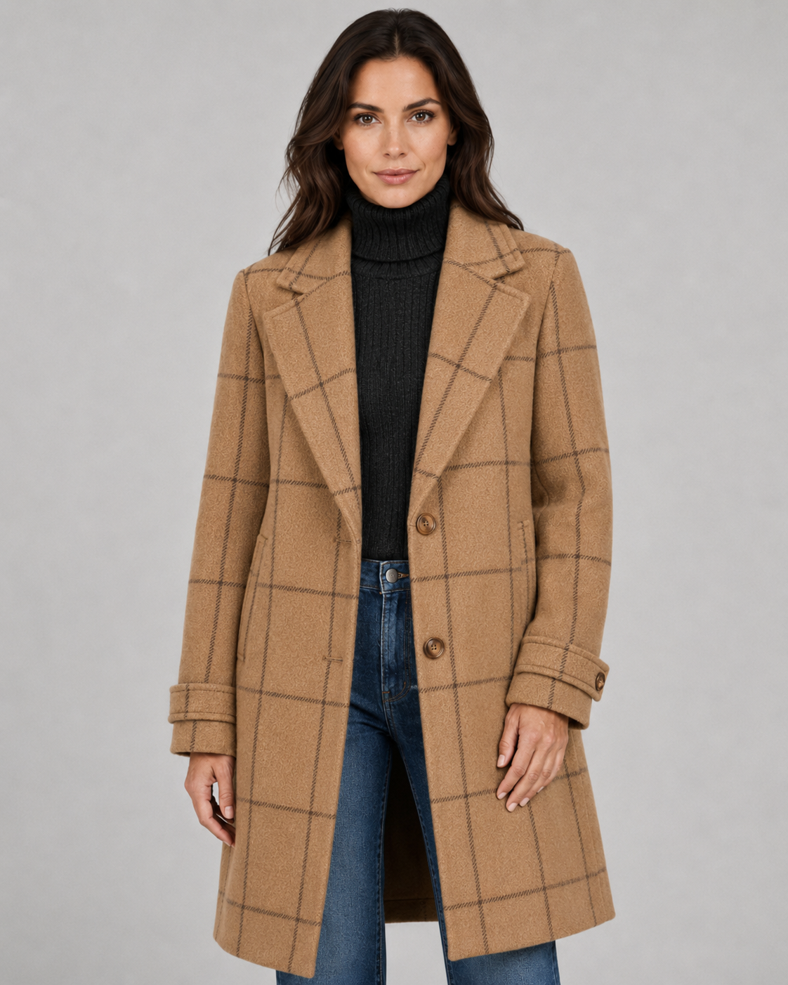 Women's Windowpane Check Long Winter Coat – Tailored Outerwear